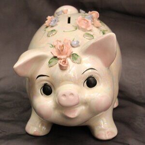 Vintage 1950s Lefton Japan Mid‑Century Pig Piggy Bank Iridescent Pearl W Flowers